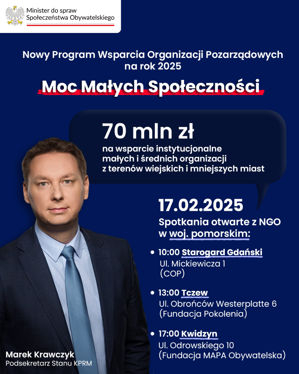 Plakat o spotkaniu w sprawie nowego programu rządowego dla organizacji pozarządowych.