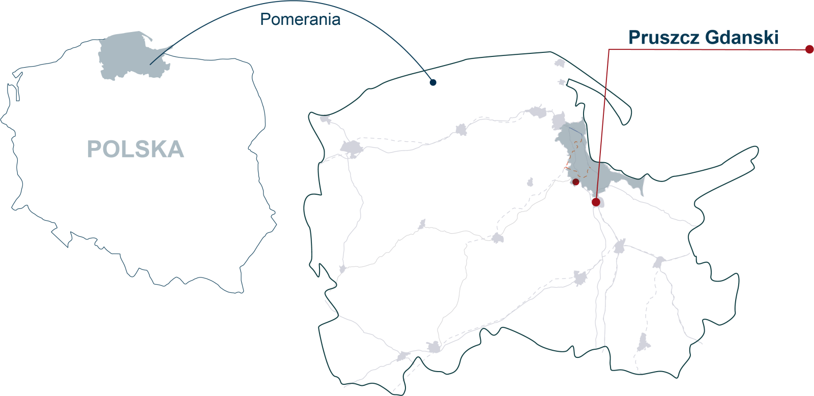Mapa Polski ze wskazaniem lokalizacji województwa pomorskiego oraz miasta pruszcz Gdański.