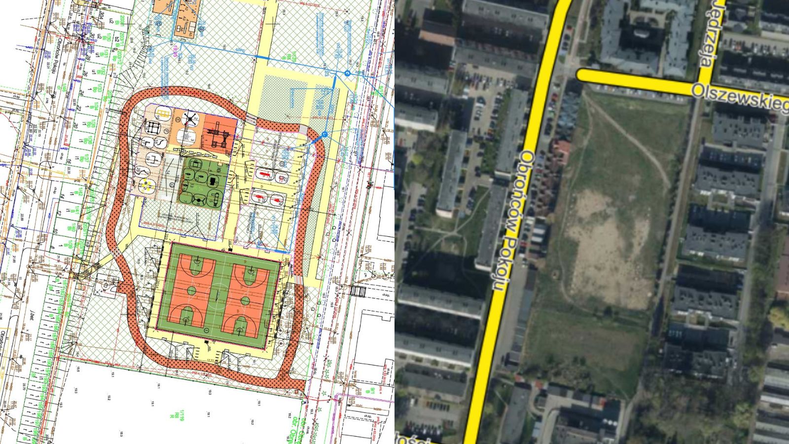 Grafika przedstawiająca zestawienie projektu terenu rekreacyjnego przy ulicy Olszewskiego w Pruszczu Gdańskim ze zdjęciem satelitarnym tego miejsca