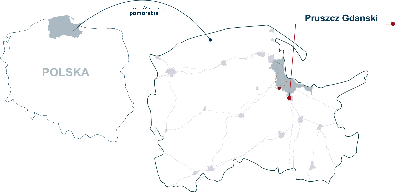 Mapa Polski ze wskazaniem lokalizacji województwa pomorskiego oraz miasta pruszcz Gdański.