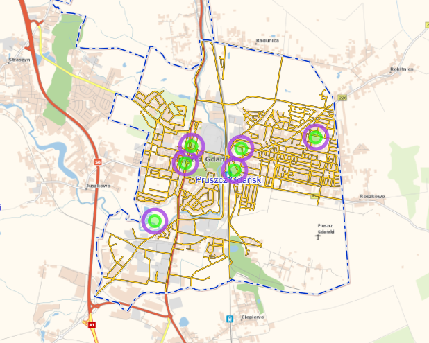 Mapa z zaznaczonymi punktami, gdzie znajdują się defibrylatory