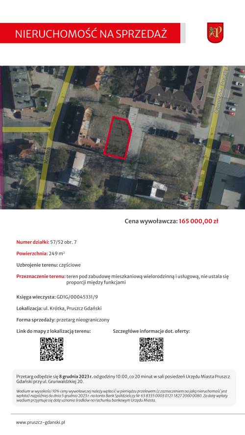 Grafika przestawia kartę informacyjną nieruchomości na sprzedaż należącej do Gminy Miejskiej Pruszcz Gdański, szczegółowe informacje znajdują się w treści artykułu.