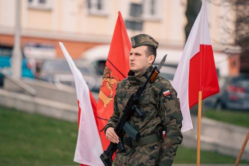 Żołnierz stojący przed pomnikiem, na tle flag.