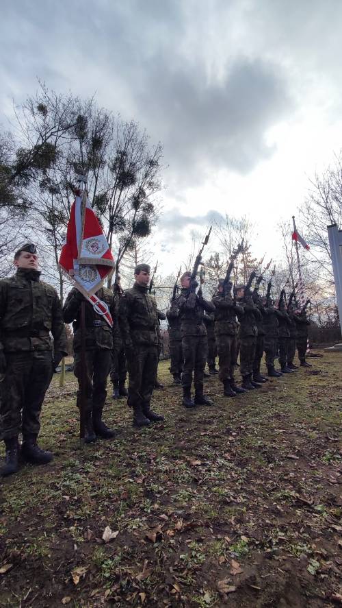 Widok na żołnierzy ze sztandarem. Salwa honorowa.