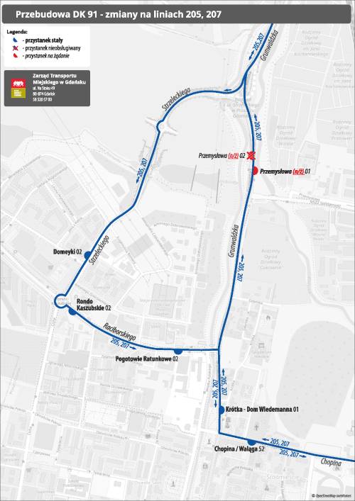 Mapka obrazująca trasę linii 205 i 207
