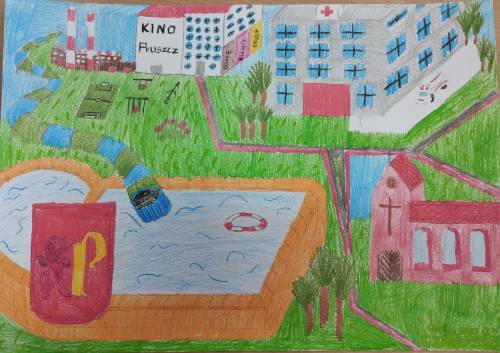 Praca konkursowa, na której narysowany jest basen, kino, szpital, kościół