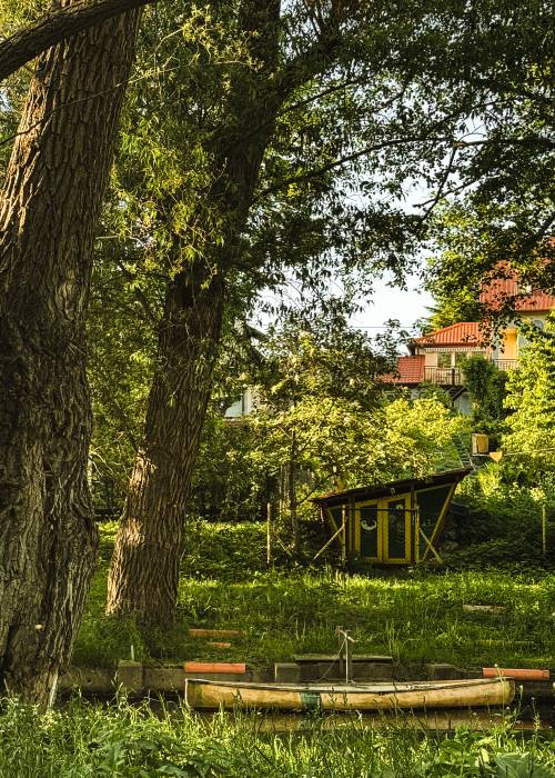Widok na kajak, drzewo i dom